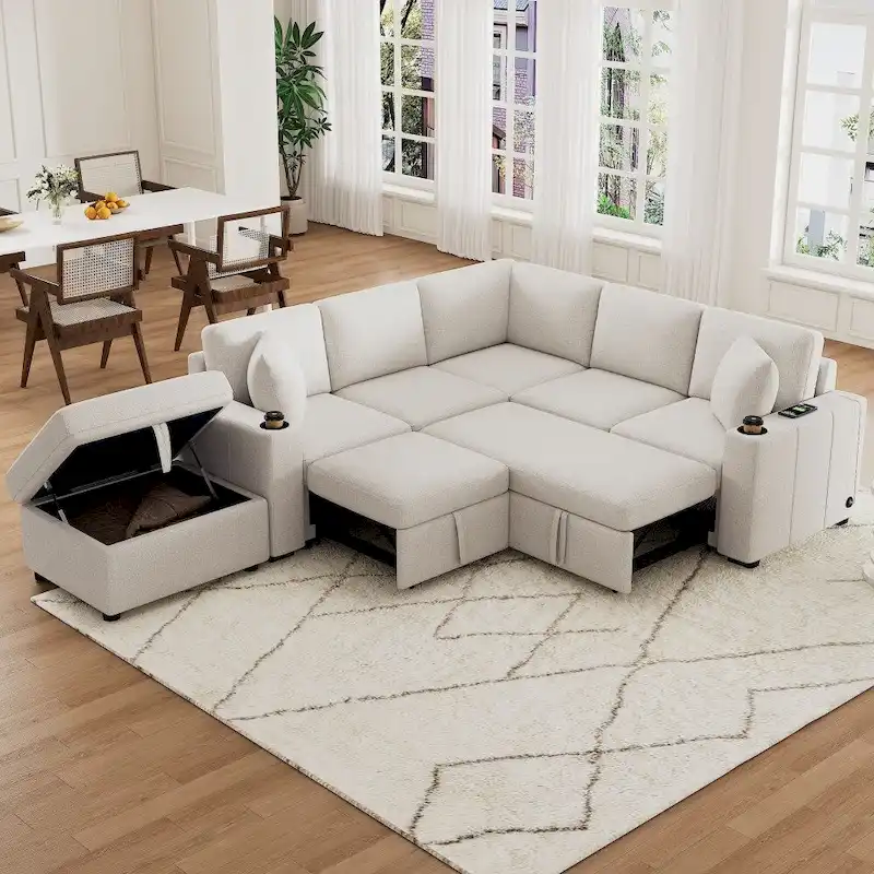 84.7  Modern L-shaped Sectional Sofa Set with a Movable Storage Ottoman and Pull-out Sofa