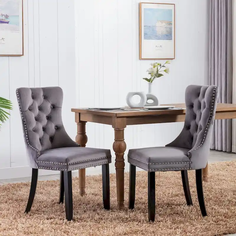 Tufted Velvet Dining Chair with Nailhead Trim & Wood Legs – Oak/Black/Gold/Gray, Set of 2