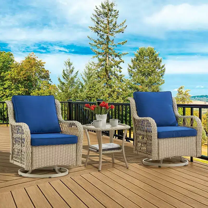 3 Piece Outdoor Patio Set, Wicker Rocking Bistro Set with 2 Swivel Chairs & Tempered Glass Top Table