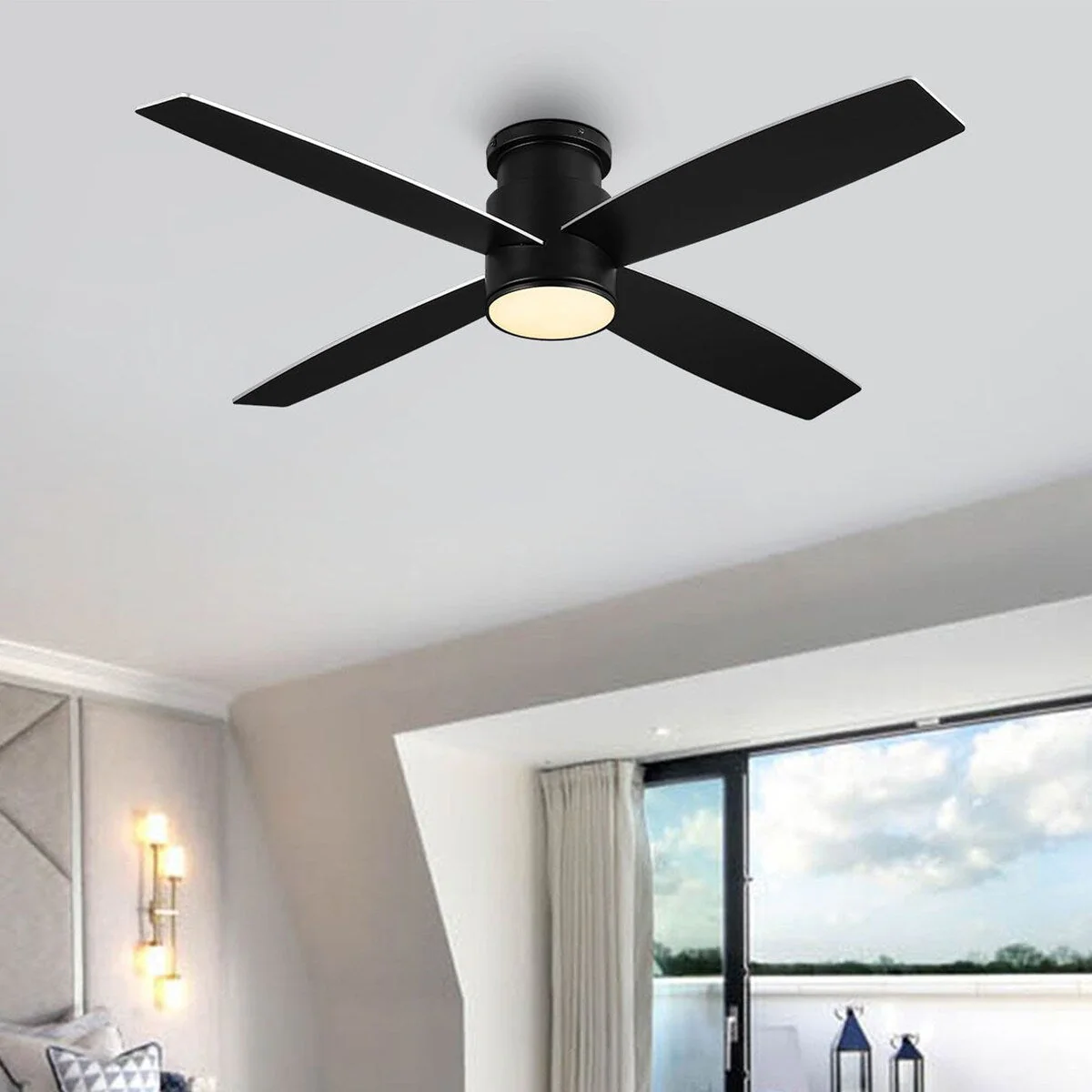 WINGBO 44/52 Inch Flush Mount DC Ceiling Fan with Lights and Remote, 4 Reversible Blades