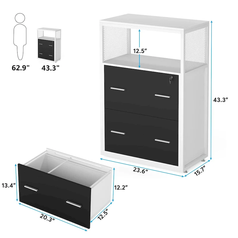 Walnut Black 2-Drawer Lateral File Cabinet with Open Shelves