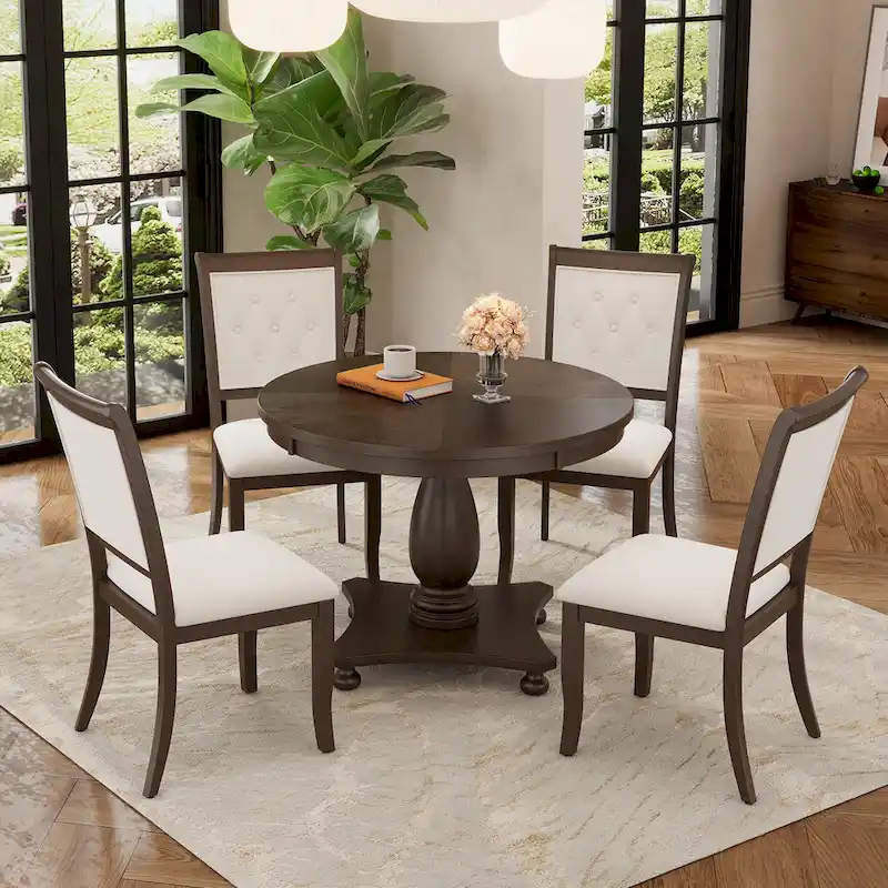 Retro Round Dining Table with 4 Upholstered Chairs