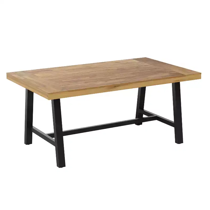 Emma and Oliver Natural Finish Solid Acacia Wood Dining Table with Black Metal Legs for Indoor and Outdoor Use