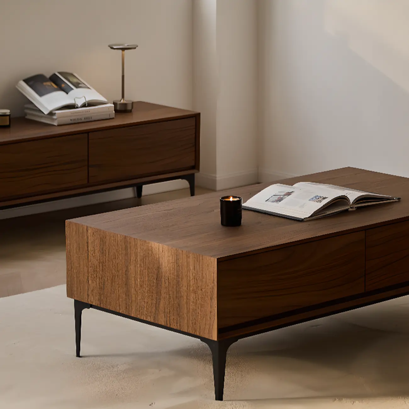 Large Rectangular Waterproof Brown 4-Drawer Wood Coffee Table