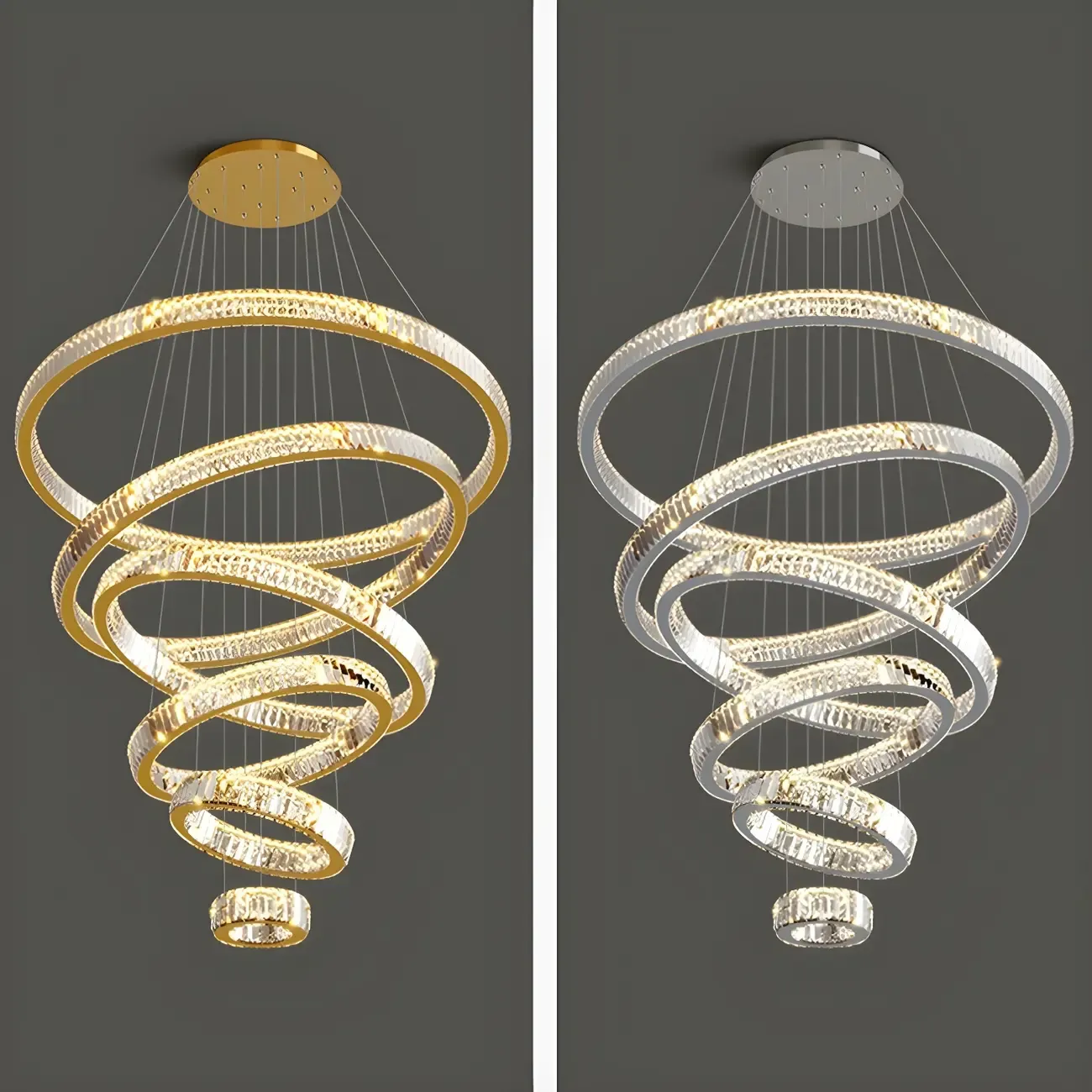 Gold Spiral Ring Crystal Tier Chandelier Modern Remote LED