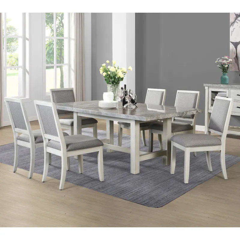 Gray Marble Top & Weathered White 7-Person Dining Set