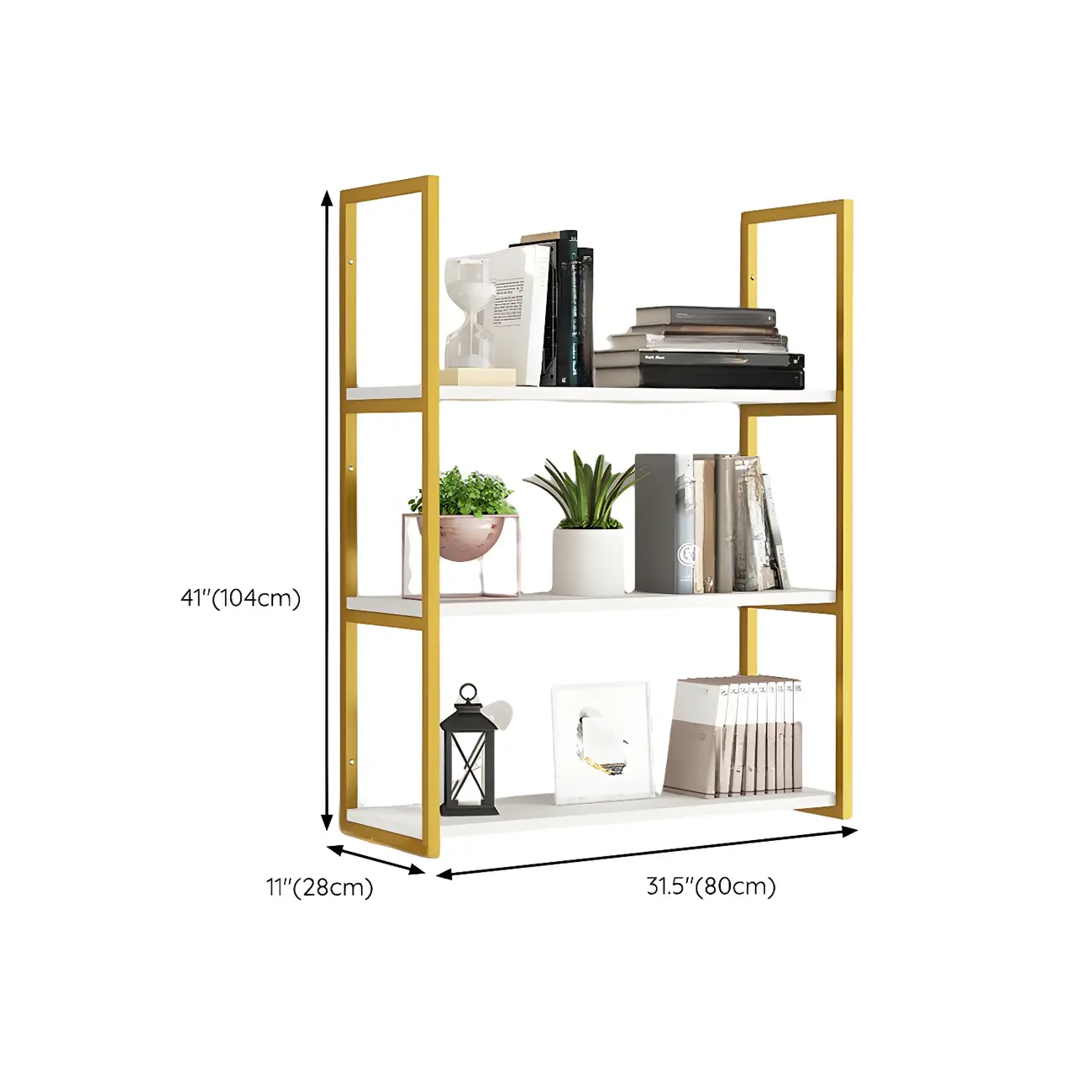 Modern Wall-Mounted Bookcase White Gold Display Shelf