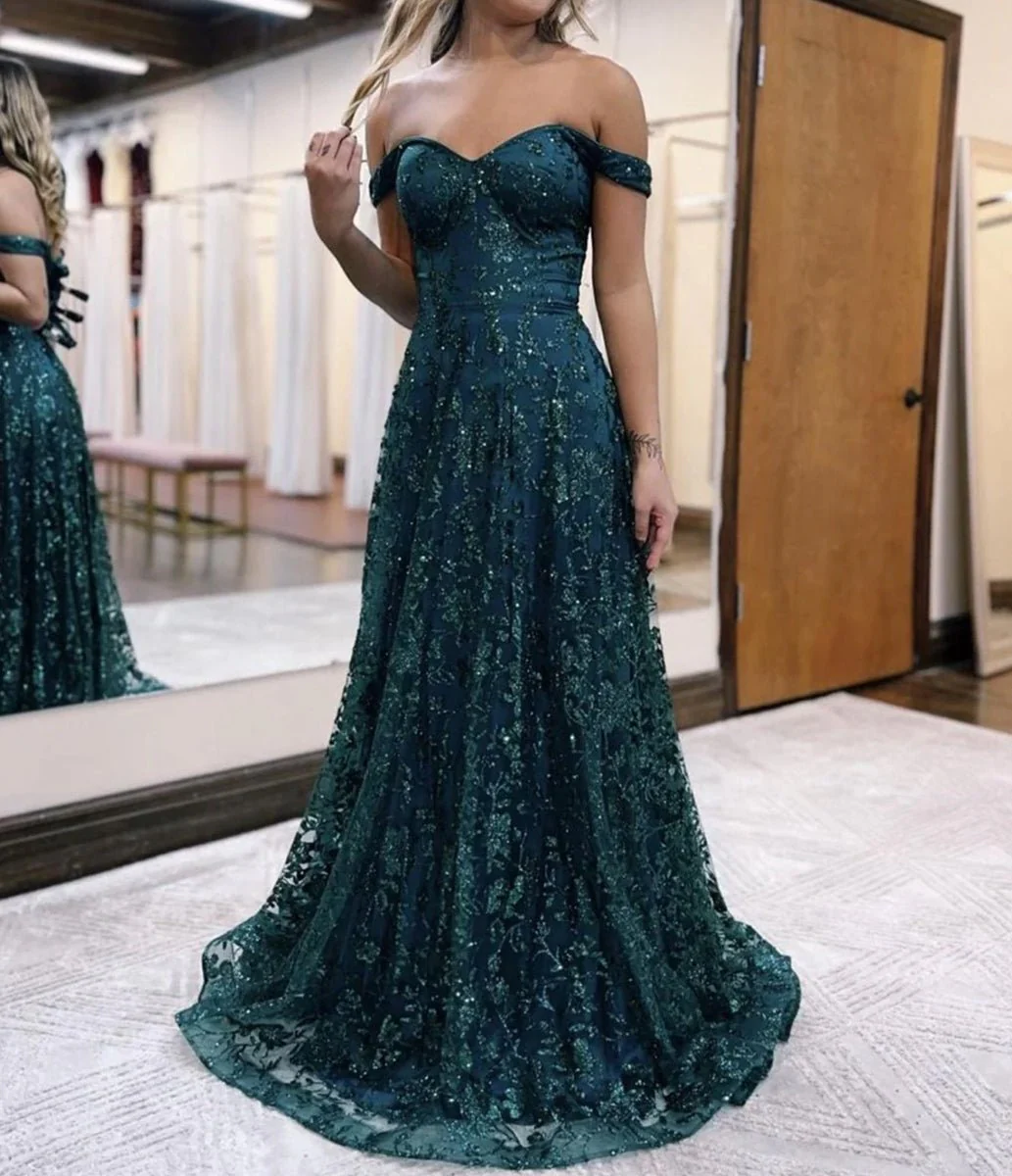 Glitter Mermaid Off The Shoulder Dark Green Long Prom Dress