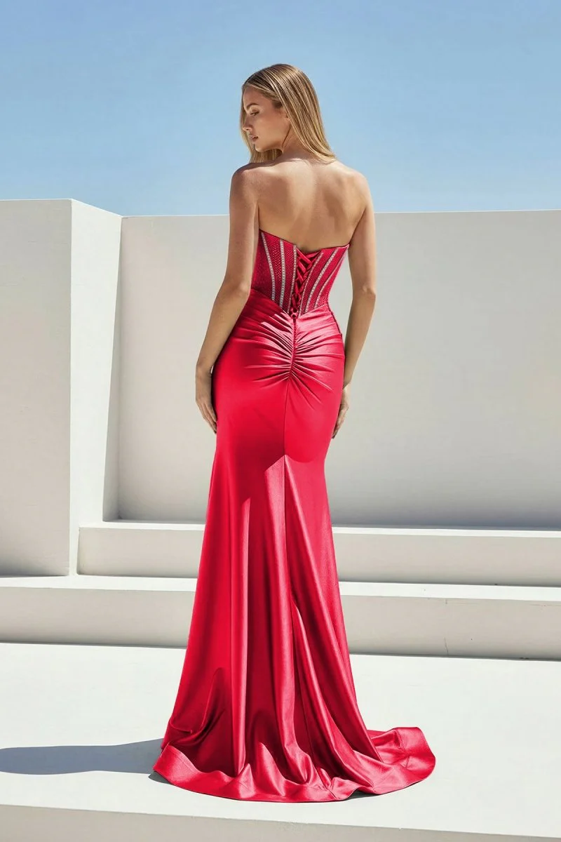 Sage Strapless Mermaid Satin Beaded Long Prom Dresses With Slit