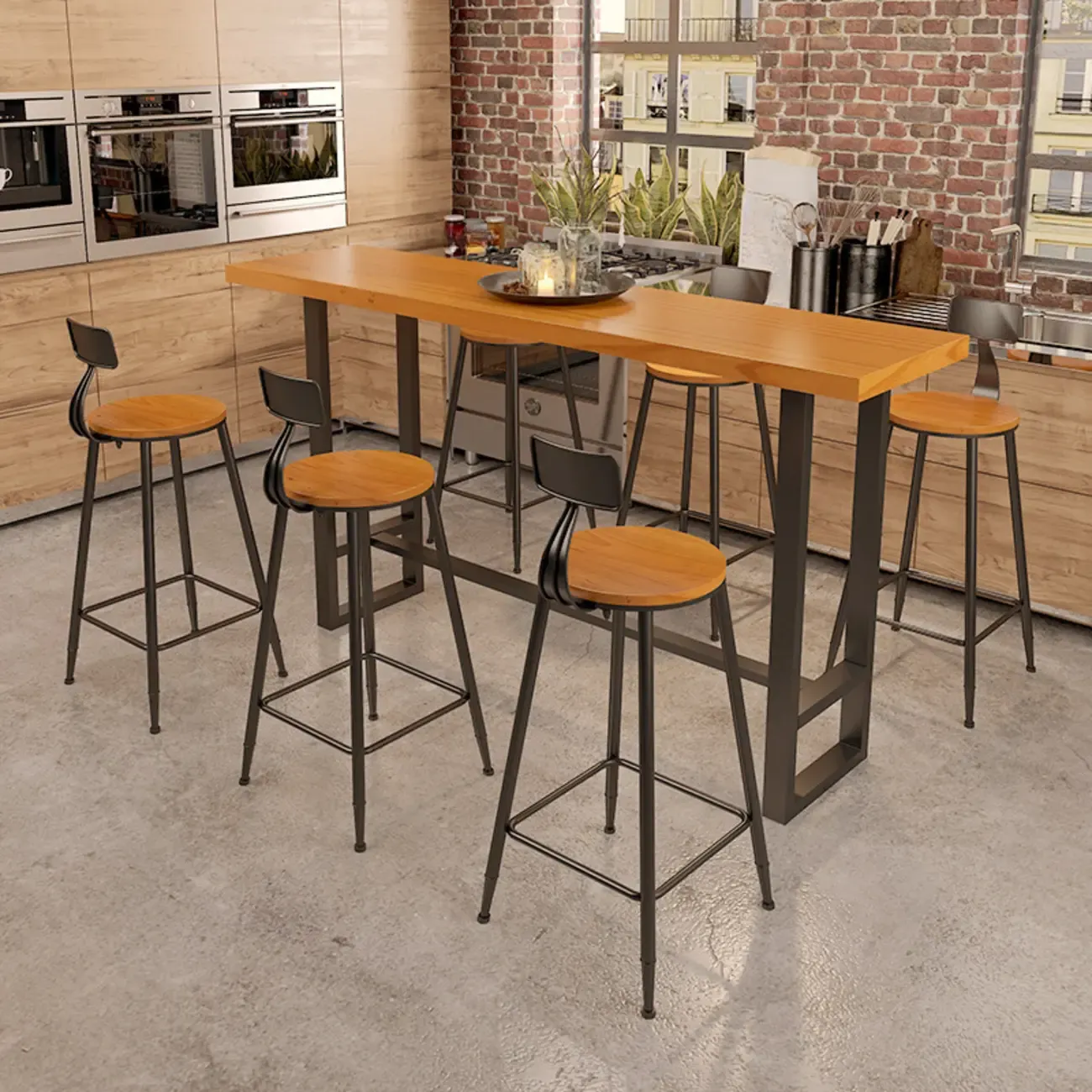 Industrial Wood Bar Table Set with Black Metal Base