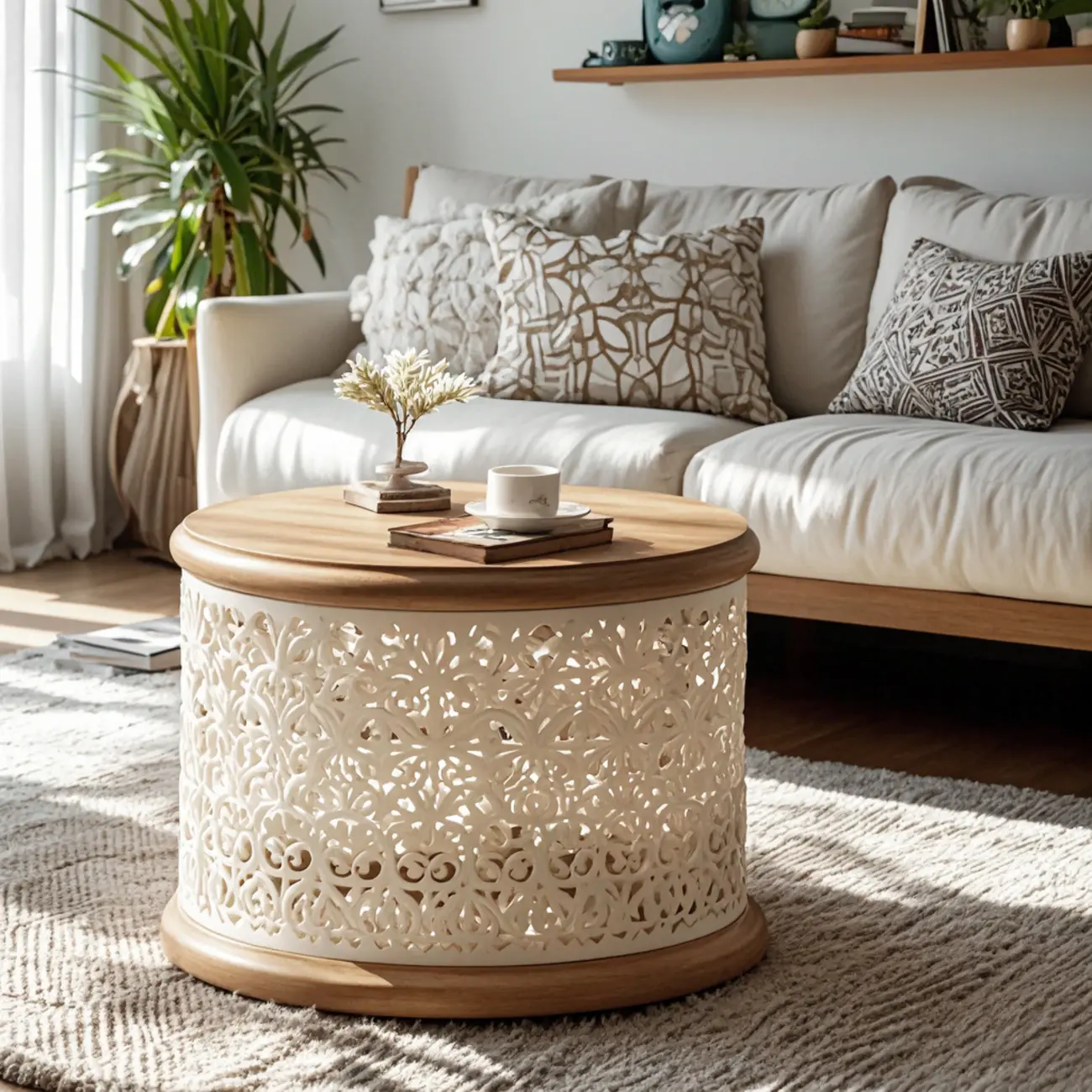 Natural Sophisticated Hollowed French Round Wood Coffee Table