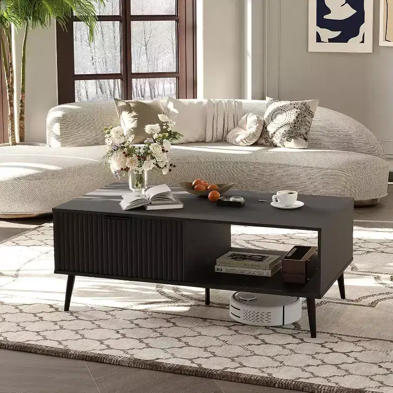 Acekool Mid-Century Modern Coffee Table with Sliding Door & 2-Tier Storage, Solid Wood Legs  Wooden Cocktail Table for Living Room & Office