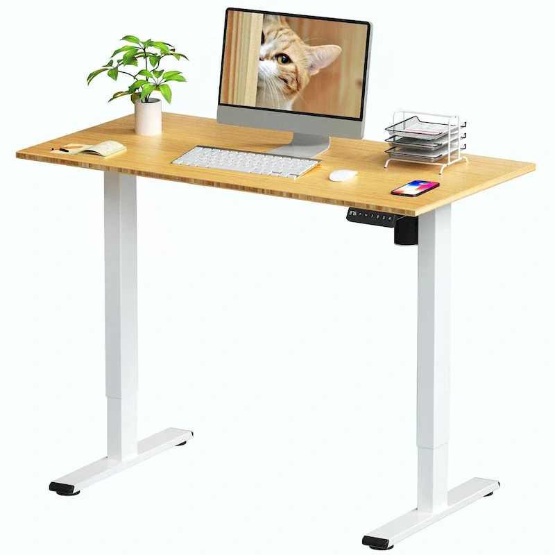 Electric Standing Desk with Bamboo Desktop, White/Black/Grey, Single-Person, Height Adjustable 28