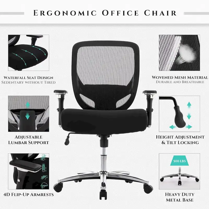 Big and Tall Heavy Duty Ergonomic Mesh Office Chair 500lbs with Wide Thick Seat