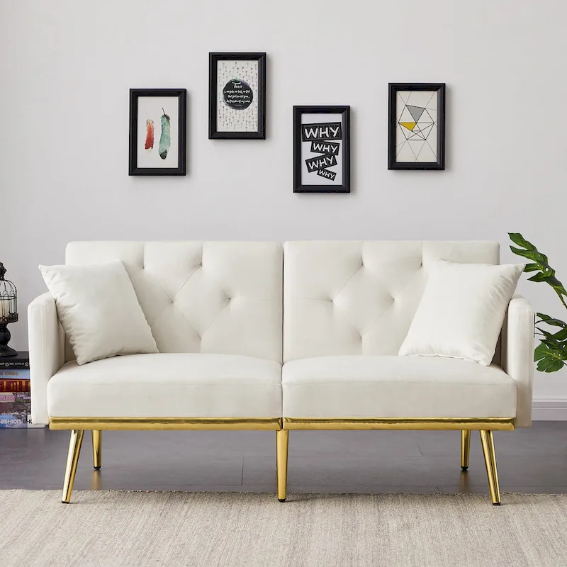 Cream White Velvet Sofa Bed - 31.49 x 59.00 x 29.52