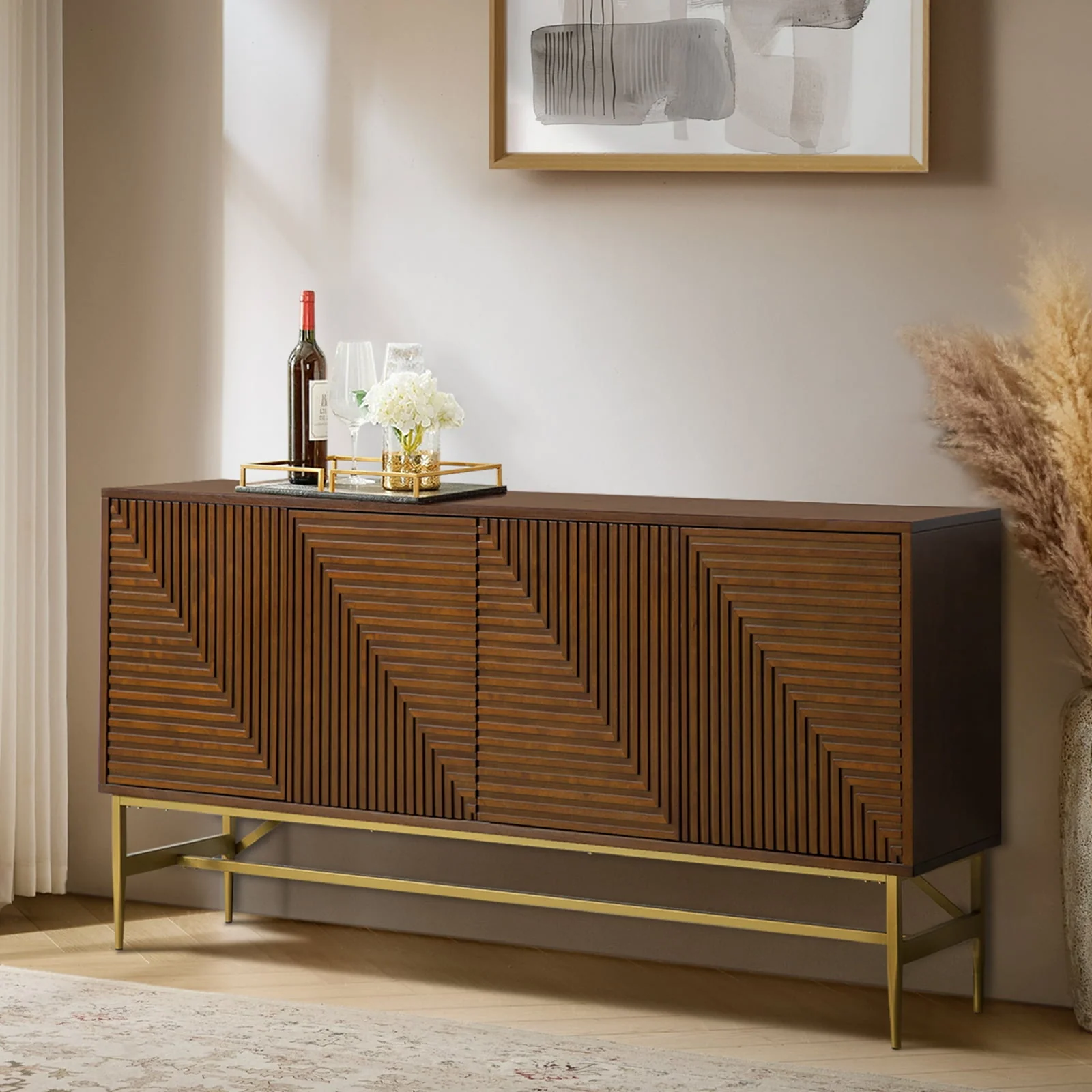 4-Door Sideboard with Geometric Channel Doors, 2 Interior Shelves & Gold Metal Legs | Walnut | Single