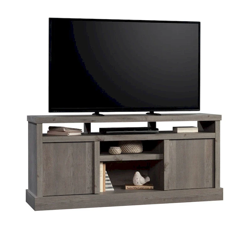 TV Credenza with Herringbone Doors & Adjustable Shelves – Mystic Oak / Sindoori Mango, Modern Style