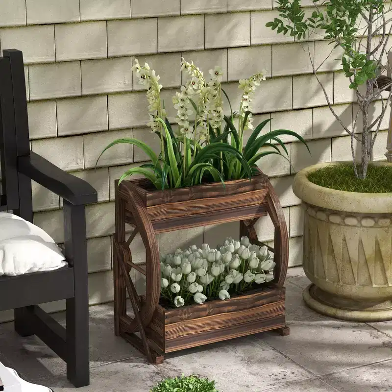 Outsunny Wooden Wagon Planter Box, Decorative Raised Garden Bed for Vegetables Flowers Herbs, 22 x 13 x 22