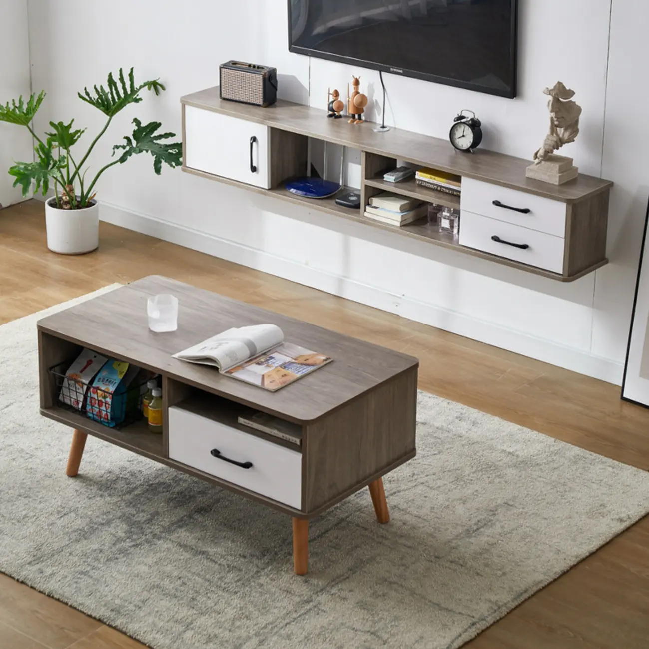 59 Grey Wooden Open Shelf Floating TV Stand with Drawers