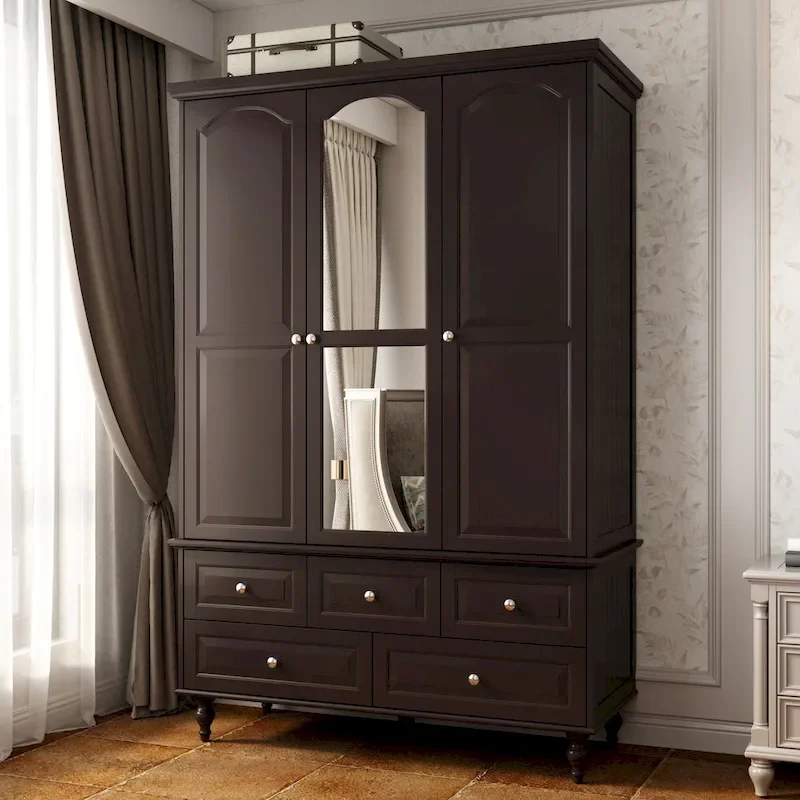 White/Dark Brown Armoire Wardrobe with Mirror Door, 3 Doors, Hanging Rod, 3 Drawers & 4 Shelves
