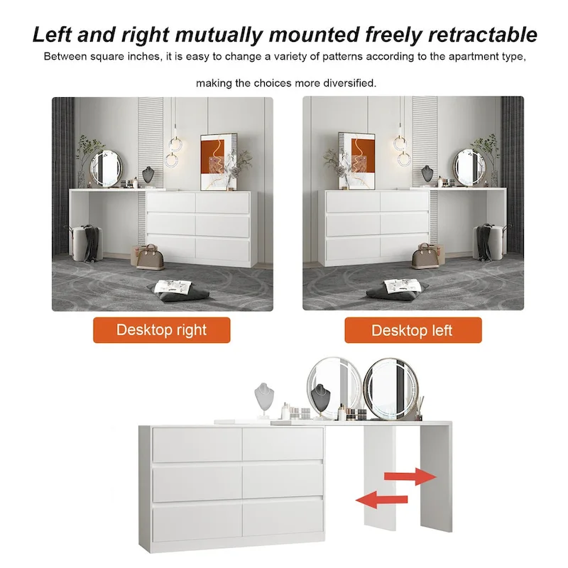 Timechee Home Rotating Dresser and Desk 6 Drawer Dresser Vanity Makeup