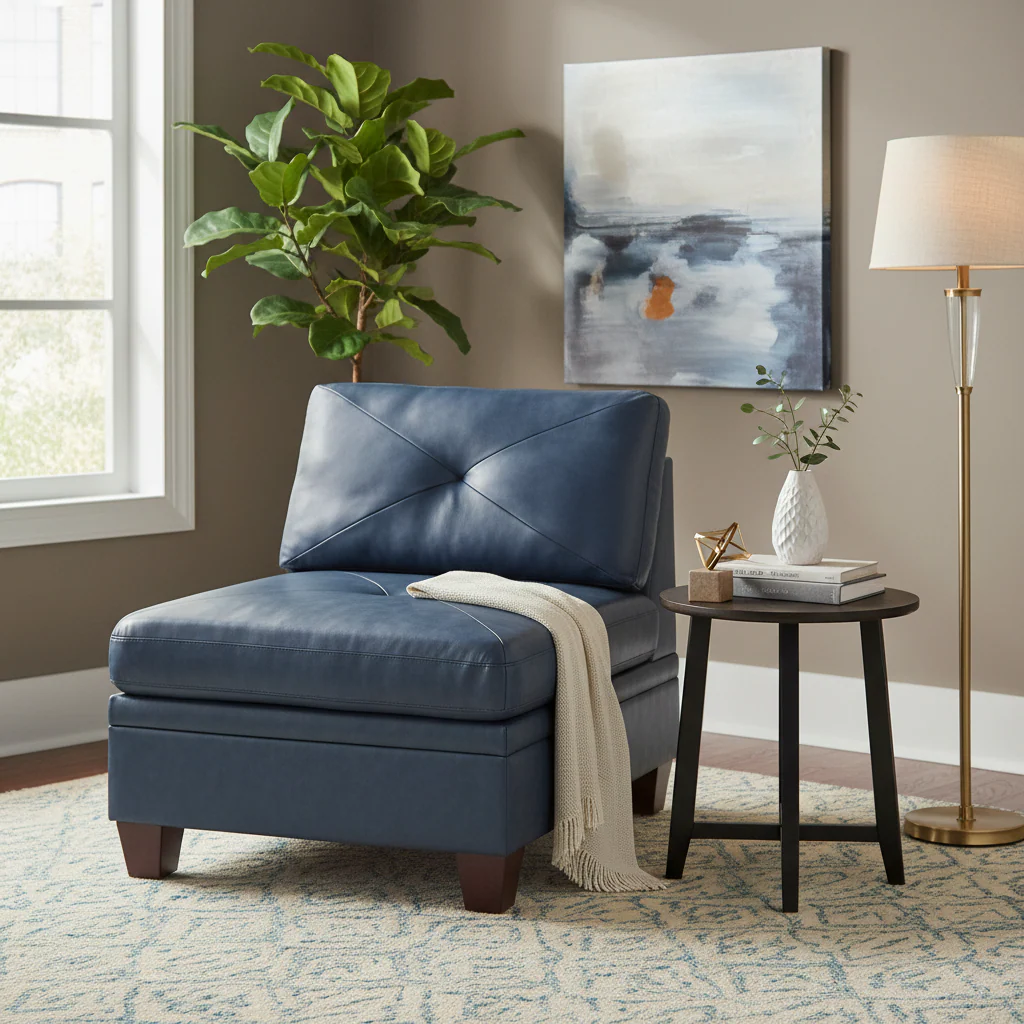 Blue 37-inch Modular Armless Sofa Chair with Faux Leather