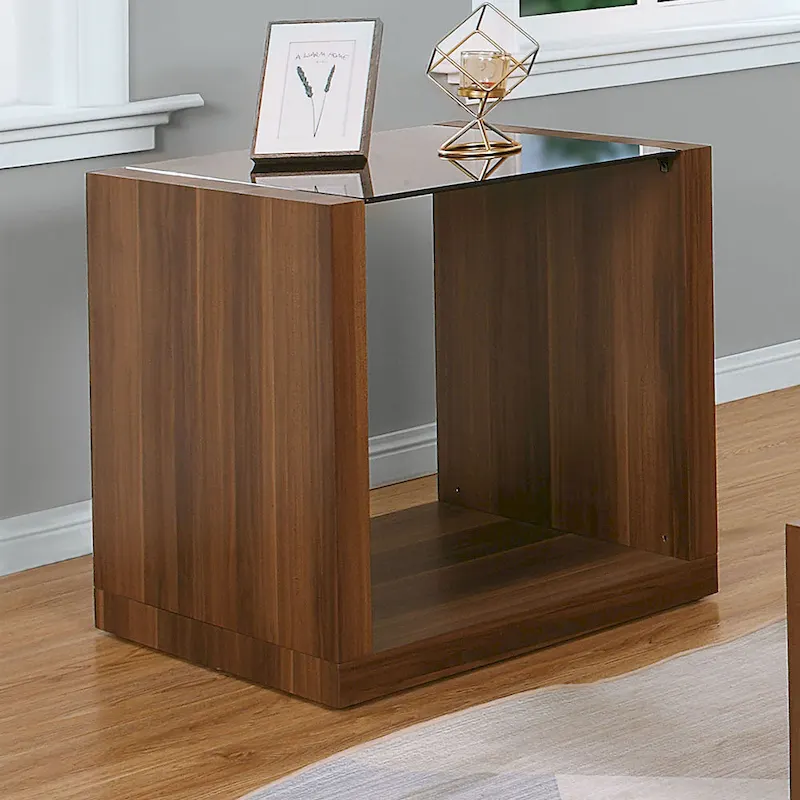 Modern Walnut 22-Inch Side Table with Glass-Inlaid Top and Single Shelf