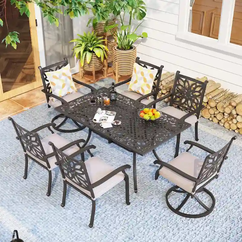 MAISON ARTS 7-Piece Cast Aluminum Patio Dining Set with Rectangle Dining Table & 6 Cast Aluminum Patio Chairs