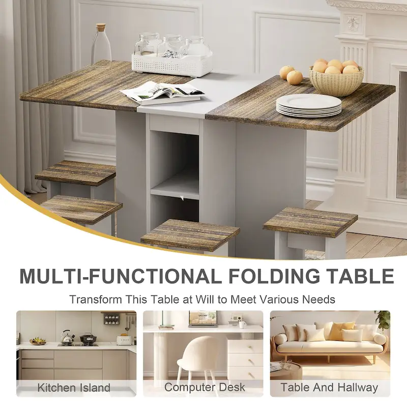 5 Pieces Rolling Wood Extendable Dining Table Set with 4 Chairs