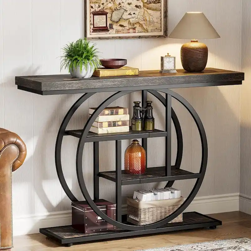 Industrial 4-Tier Sofa Table Entryway Table with Circle Base