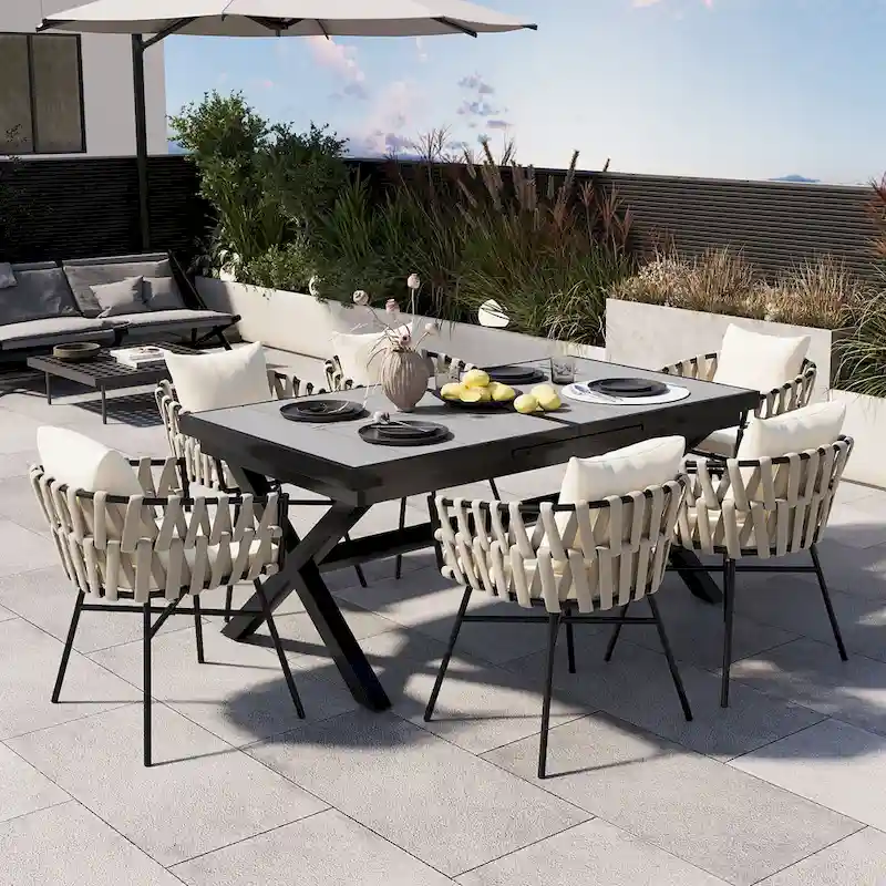 Outdoor Extendable Dining Table Set, 7 Piece Patio Furniture Set with Rectangular Dining Table and 6 Woven Chairs