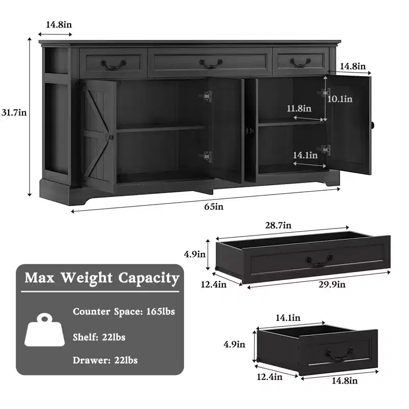 Dyonery 65 Inch Large Buffet Storage Cabinet with 3 Drawers and 4 Doors Coffee Bar Bar Cabinet, White/Gray.