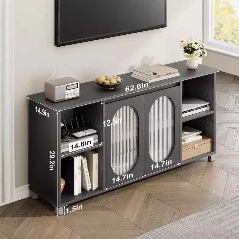GustoWave TV Cabinet for up to 70 Inch TV, Rustic TV Stand with Corrugated Glass Doors & Open Shelves for Living Room