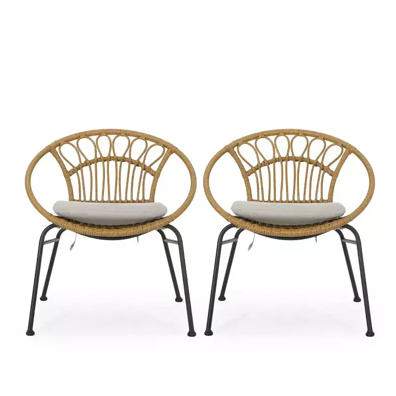 Banya 2pc Patio Wicker Chair with Cushions - Light Brown/Beige/Black - Christopher Knight Home: Outdoor Seating, PE Rattan, Metal Frame