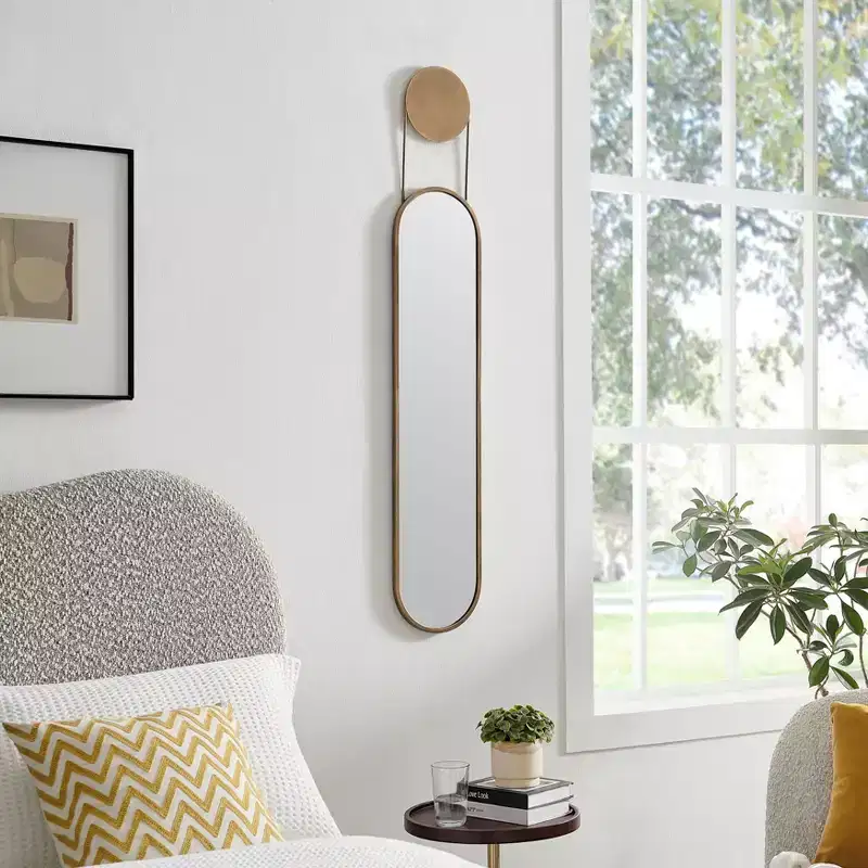 Mid-century Modern Antique Brass Oval Hanging Decorative Wall Mirror - Horizontal or Vertical Wall Mount