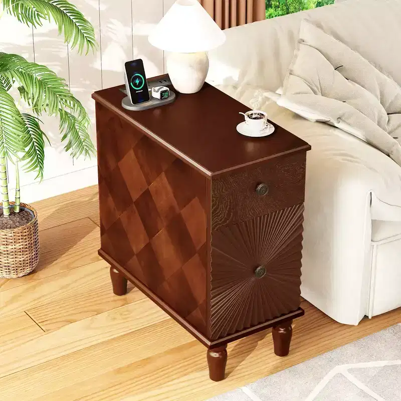 Whisen Modern and Narrow Sofa Side Table & Nightstand with 2 Drawers for Living Room, Bedroom - Walnut