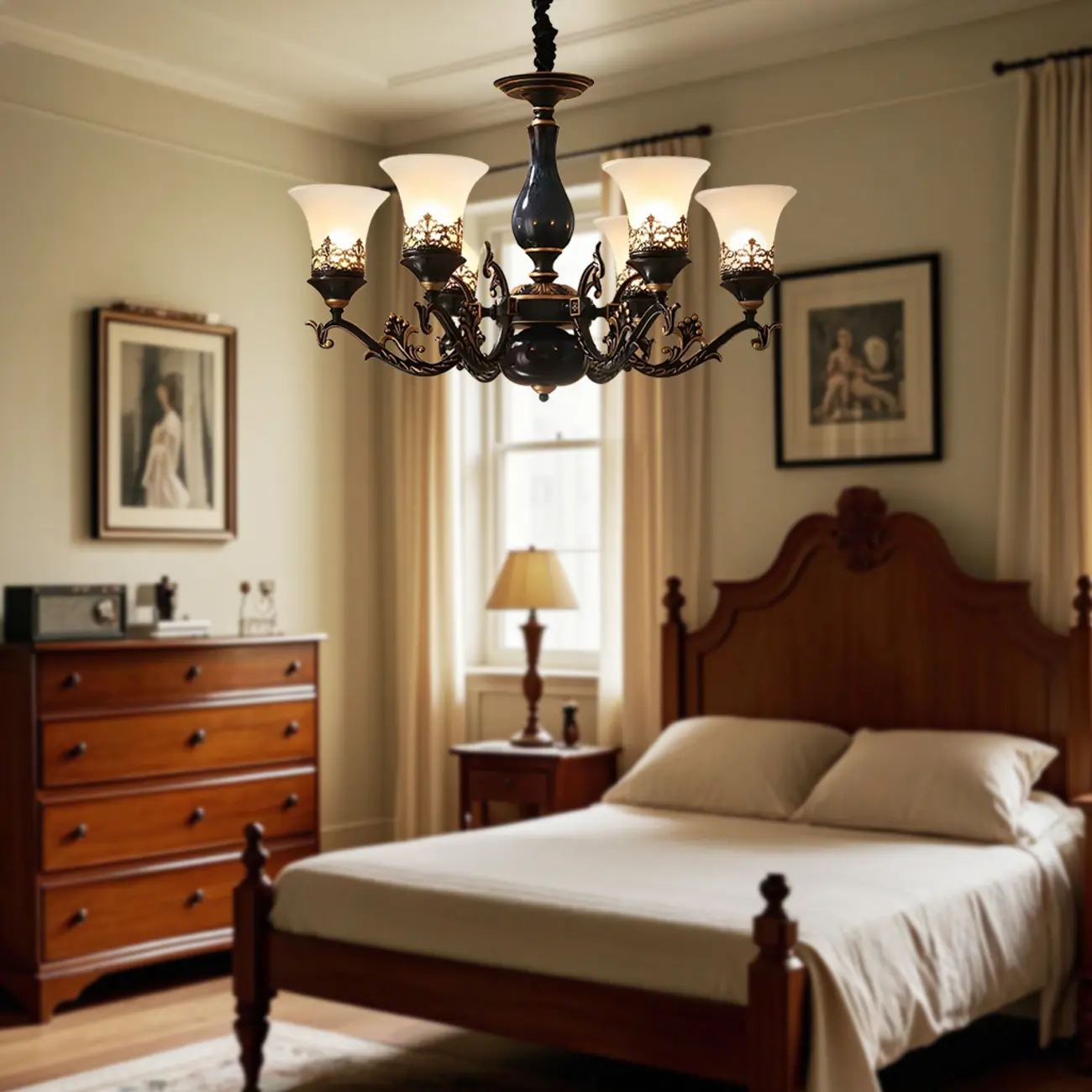 Mid-Century Living Room Black Frosted Wite Glass Bell Shape Chandelier