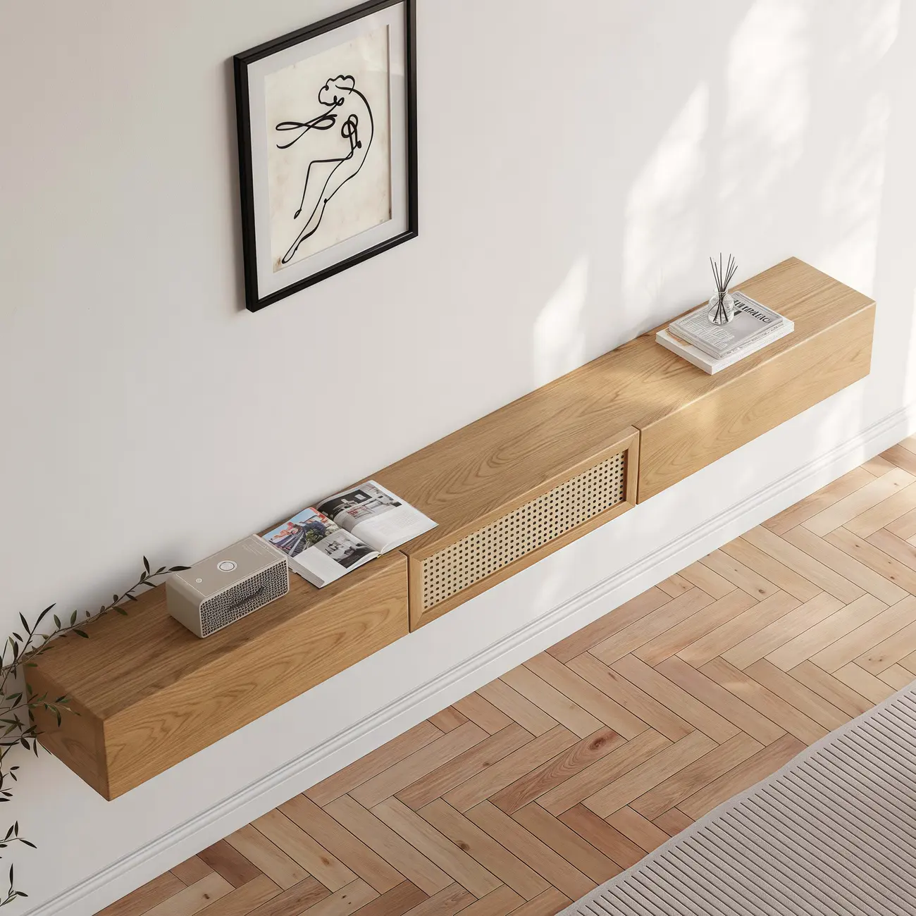 Walnut Ash Wood Floating Rattan Flip-Up TV Stand