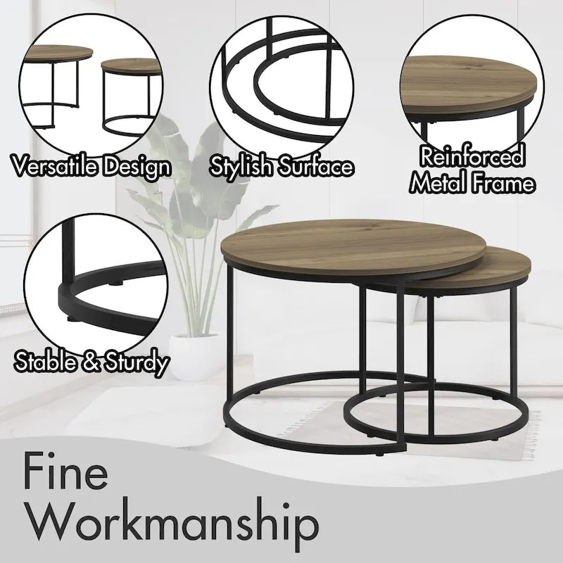 Nesting Coffee Table Set of 2, 27.6inch Round Coffee Table Wood Finish with Sturdy Metal Frame,End Table Side Tables