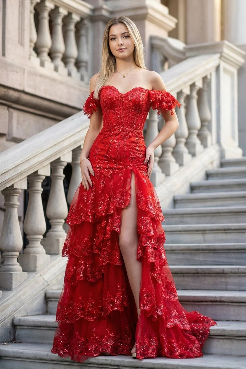 Sheath Off the Shoulder Long Lace Prom Dress (Lace-up Back)