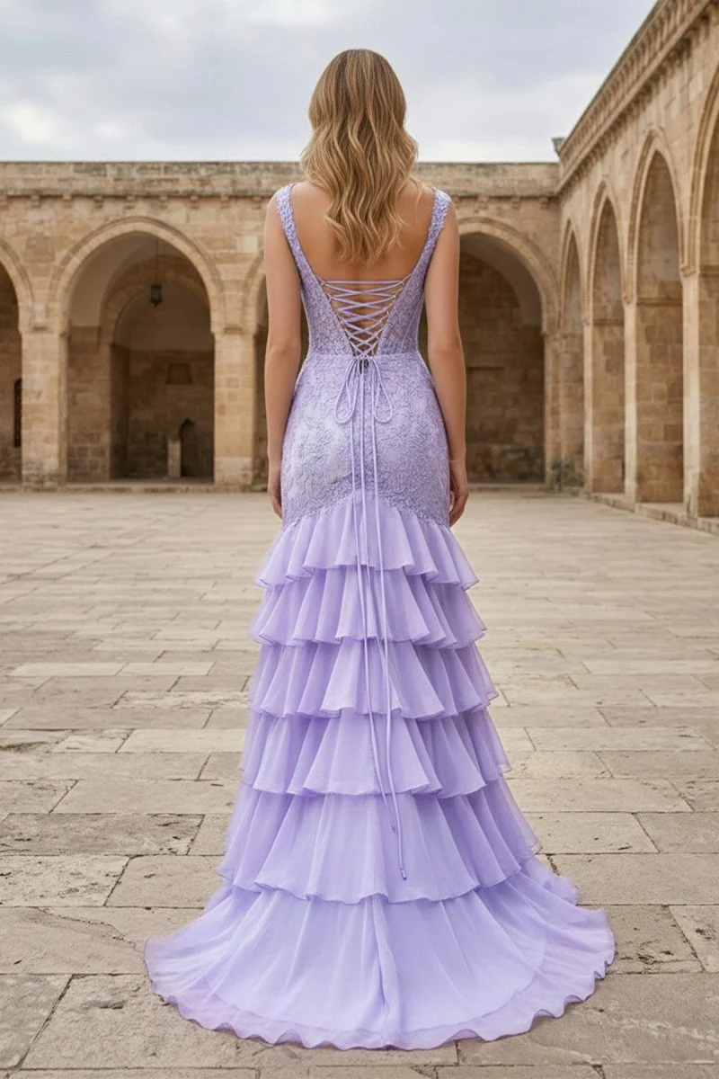 Lavender - Off The Shoulder Mermaid Chiffon Ruffled Formal Prom Dresses With Appliques