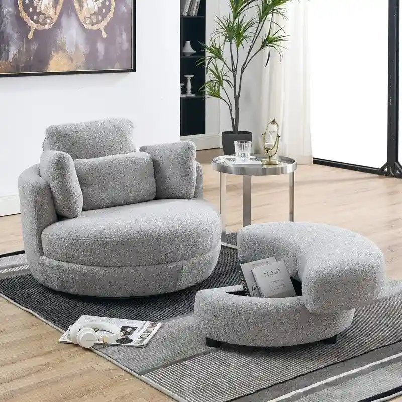 Circle Swivel Chair with Moon Storage Ottoman and 4 Pillows