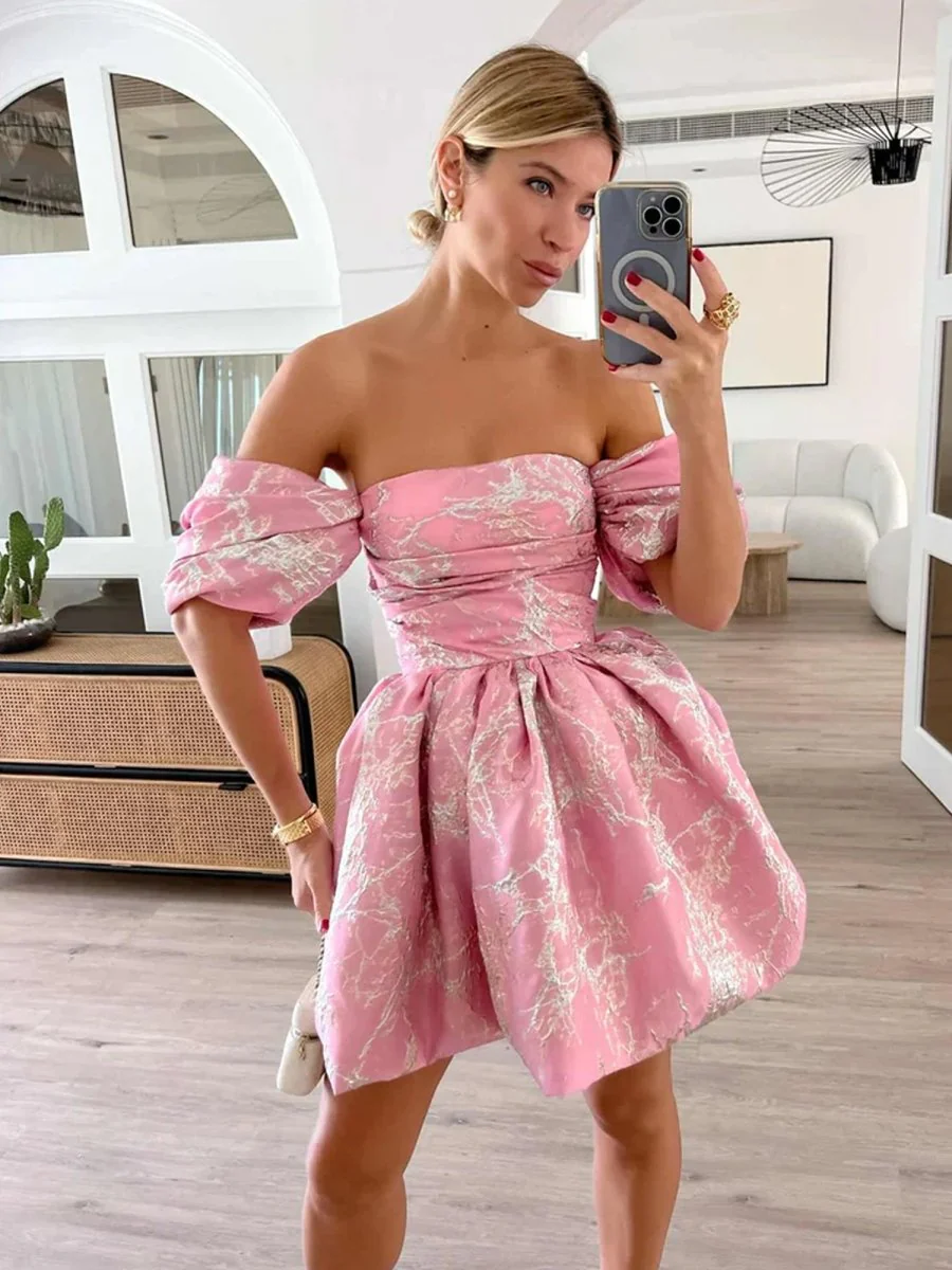 Pink - A Line Off the Shoulder Puffed Sleeves Short Homecoming Dresses