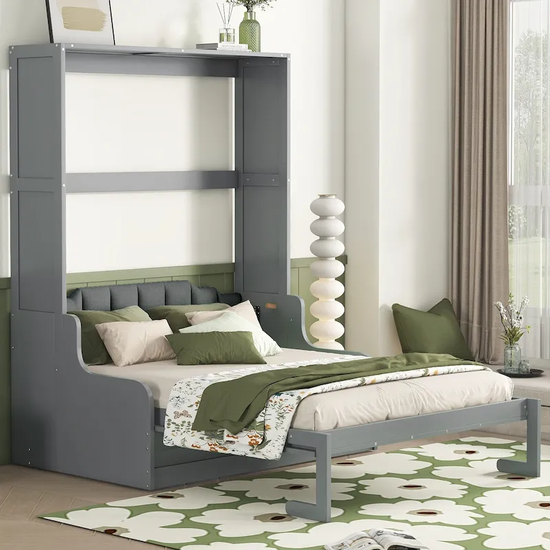 Murphy Wall Bed with Cushion, Single, Grey / Espresso / White