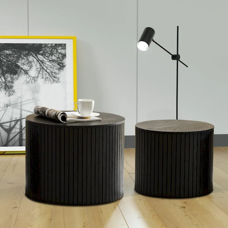 2-Piece Barrel Nested Coffee Table Set, Walnut/Black, Removable Top