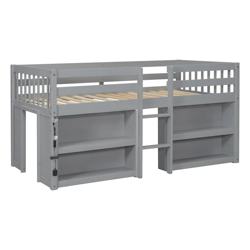 Grey Twin Size Wood Low Loft Bed with Shelves & LED Light | Kids Bedroom