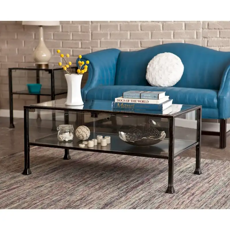43  Black Glass And Metal Rectangular Coffee Table - 18.5  H x 42.5  W x 21  D