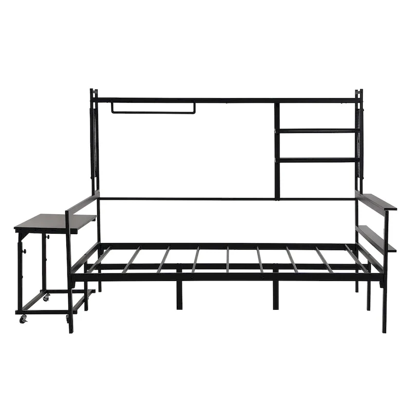 Metal Daybed with Movable Desk, Shelves and Clothes Hanger