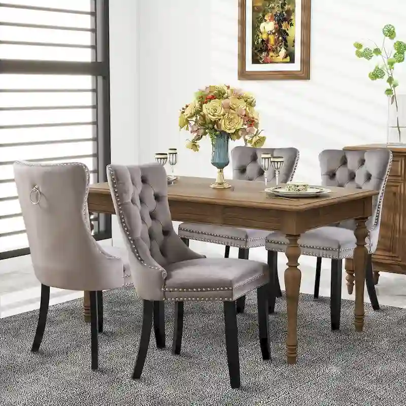 Velvet Dining Chairs, Tufted Solid Wood Armless Chairs Accent Chair with Nailhead Trim and Back Ring Pull