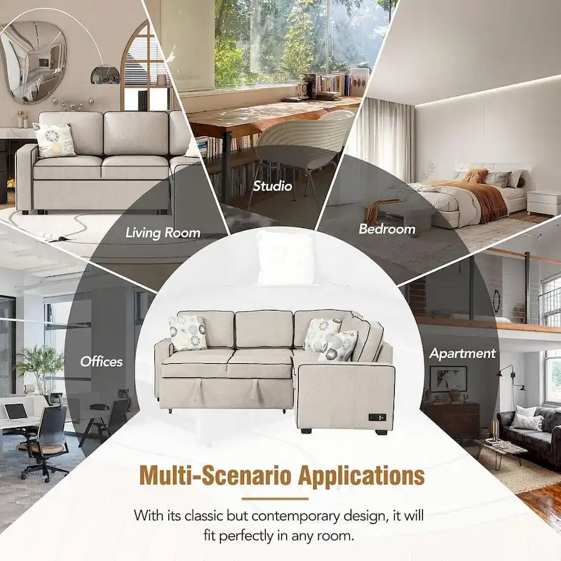 L-Shaped Reversible Chaise Sectional Sofa Pull Out Sofa Bed